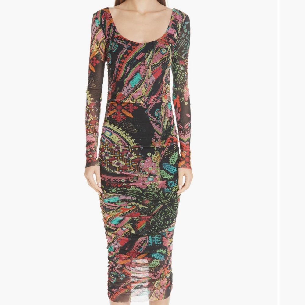 New FUZZI Scoop Neck Tulle Mesh Fitted Dress Size Large Multicolor Black